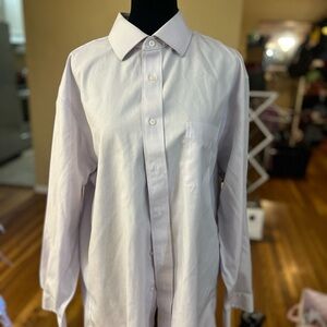 Purple button up dress shirt with silver buttons and white pinstripes.